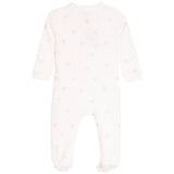 A long-sleeve baby footed sleeper in white with a delicate pink bow and heart pattern, shown flat against a white background.