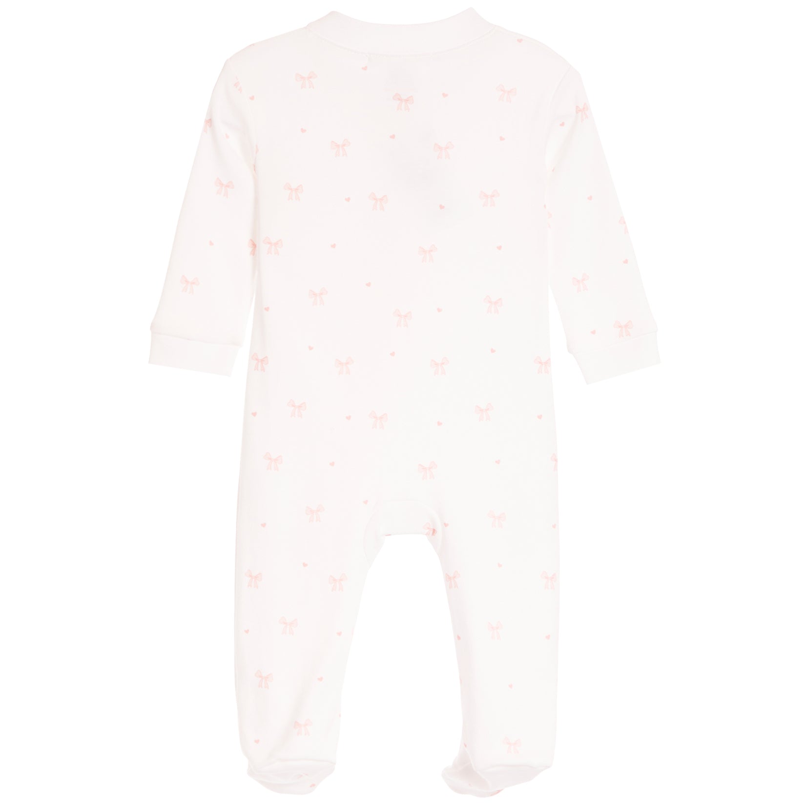 A long-sleeve baby footed sleeper in white with a delicate pink bow and heart pattern, shown flat against a white background.