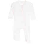 A baby footed sleep sack in white with a subtle light blue star pattern, featuring a front zipper closure and long sleeves and legs.