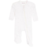 A baby footed sleep sack in white with a subtle light blue star pattern, featuring a front zipper closure and long sleeves and legs.