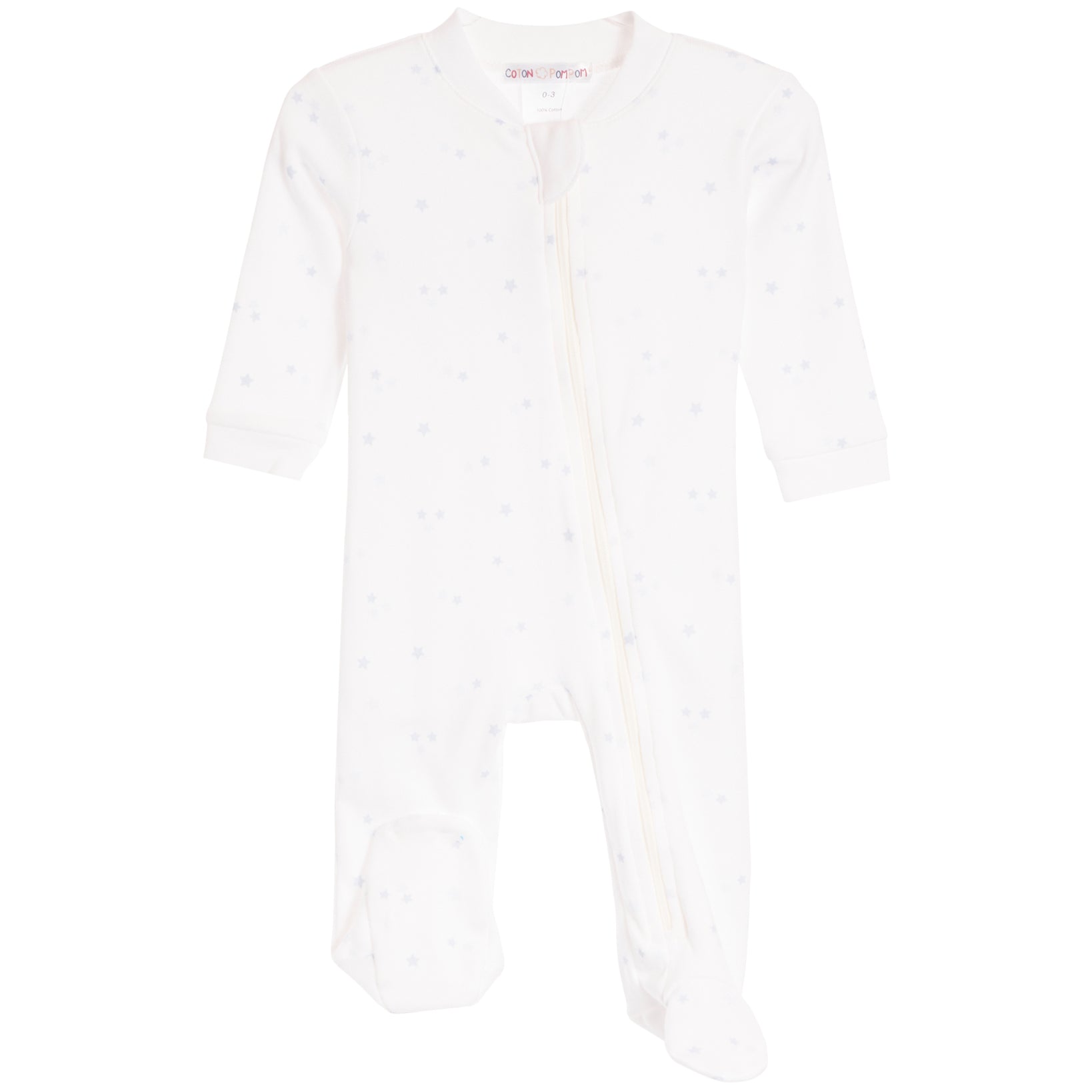 A baby footed sleep sack in white with a subtle light blue star pattern, featuring a front zipper closure and long sleeves and legs.