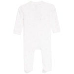 White long-sleeve baby footed one-piece romper with a subtle light blue stars pattern, shown from the back on a white background.