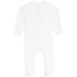 White long-sleeve baby footed one-piece romper with a subtle light blue stars pattern, shown from the back on a white background.