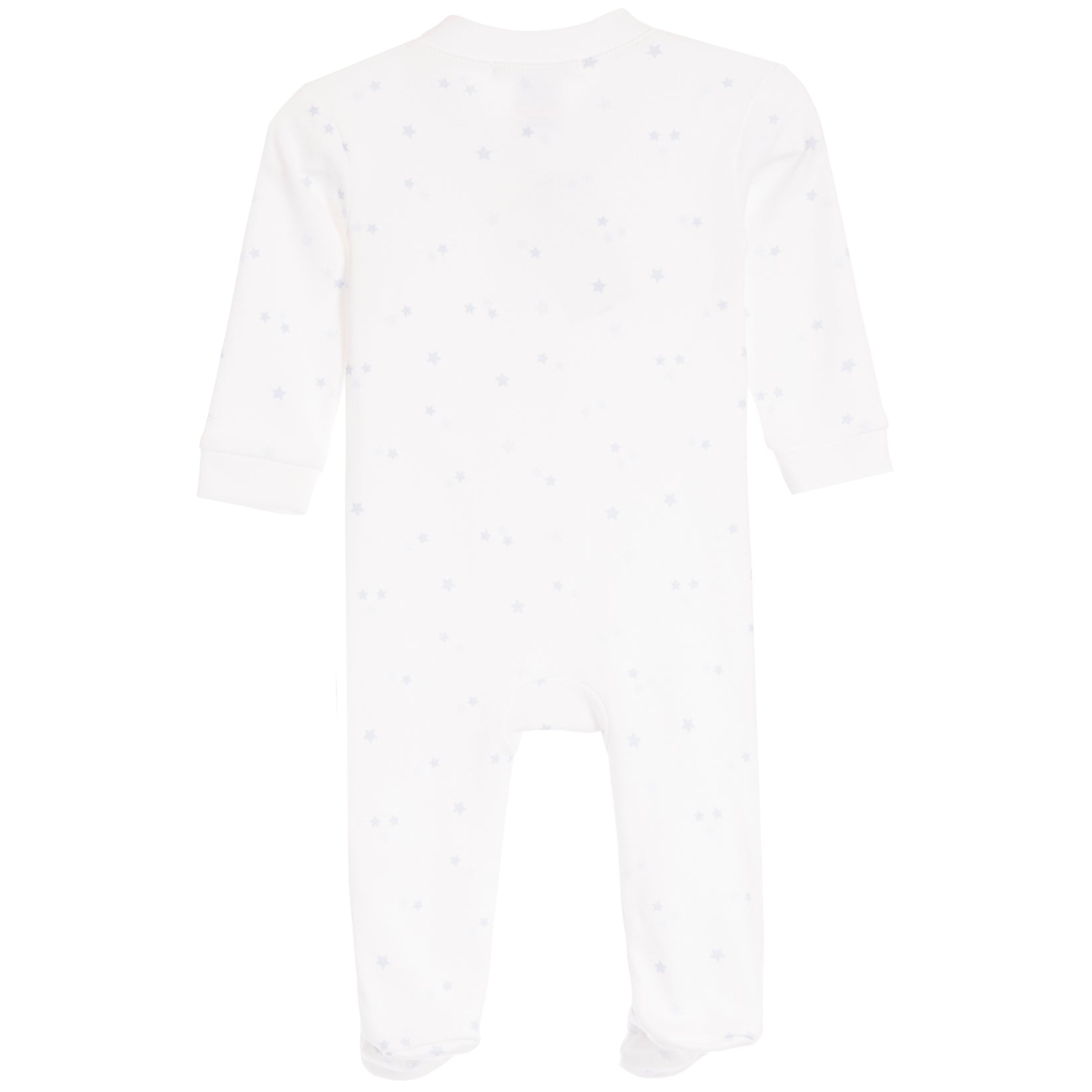 White long-sleeve baby footed one-piece romper with a subtle light blue stars pattern, shown from the back on a white background.