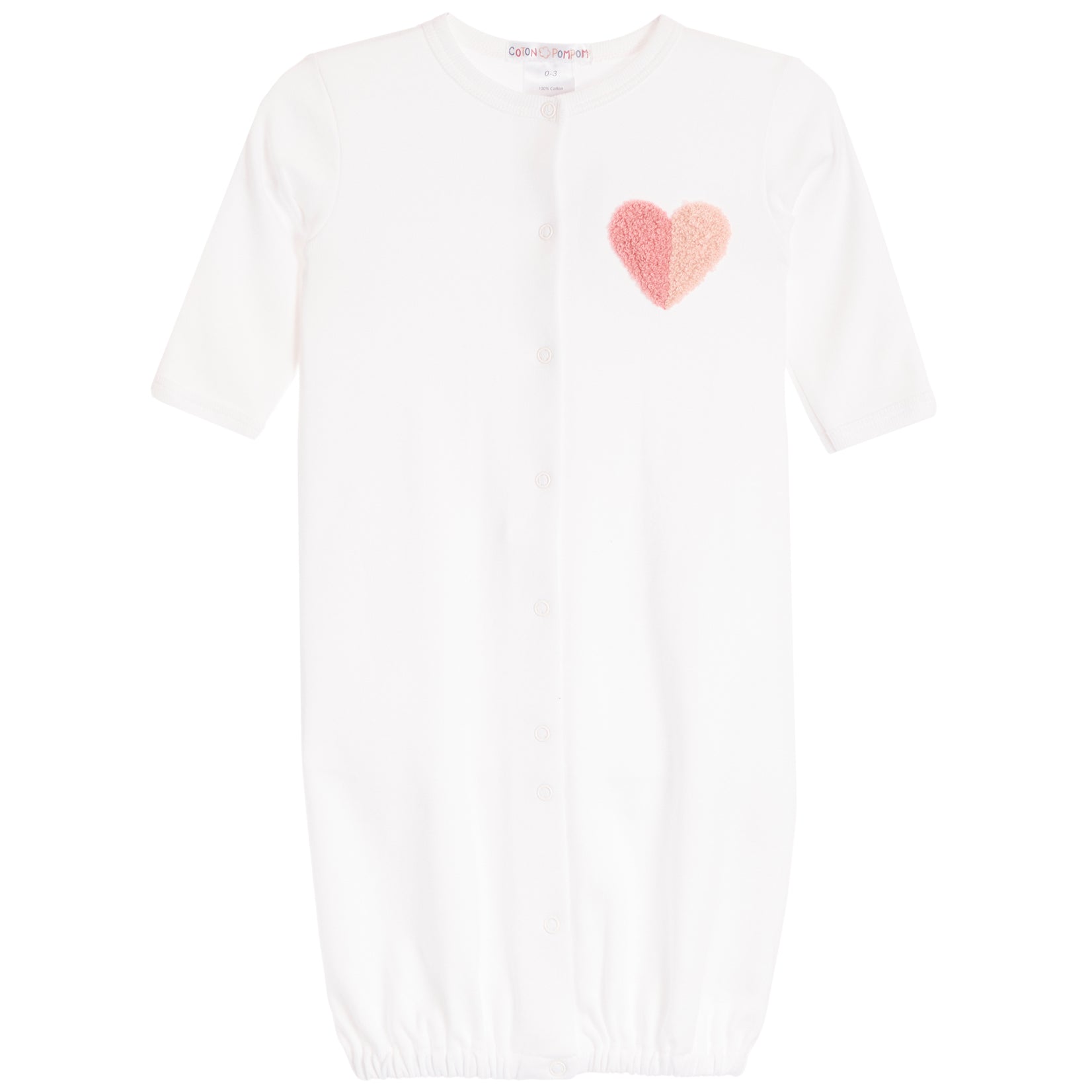 A white short-sleeve baby sleep sack with a pink textured heart applique on the chest, featuring a snap-button front closure and elasticized hem.