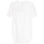 A white short-sleeve baby dress with an elasticated hem, shown flat against a white background.