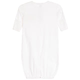A white short-sleeve baby dress with an elasticated hem, shown flat against a white background.
