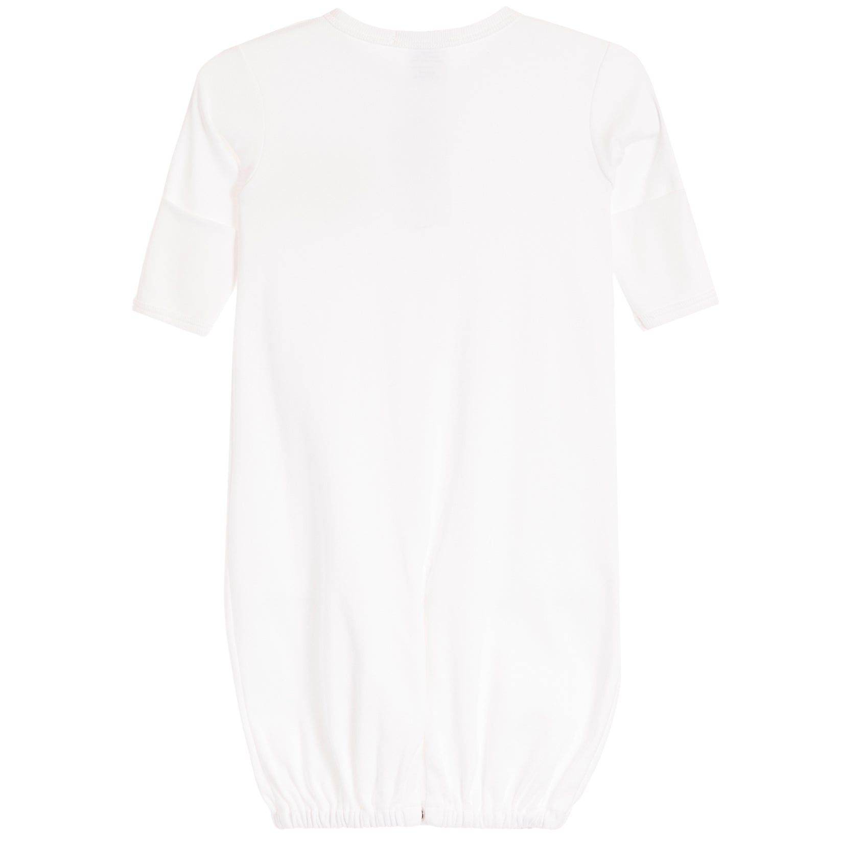 A white short-sleeve baby dress with an elasticated hem, shown flat against a white background.