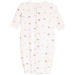 A baby sleep sack in off-white with a repeating pattern of small gold and gray cars, shown flat against a white background.