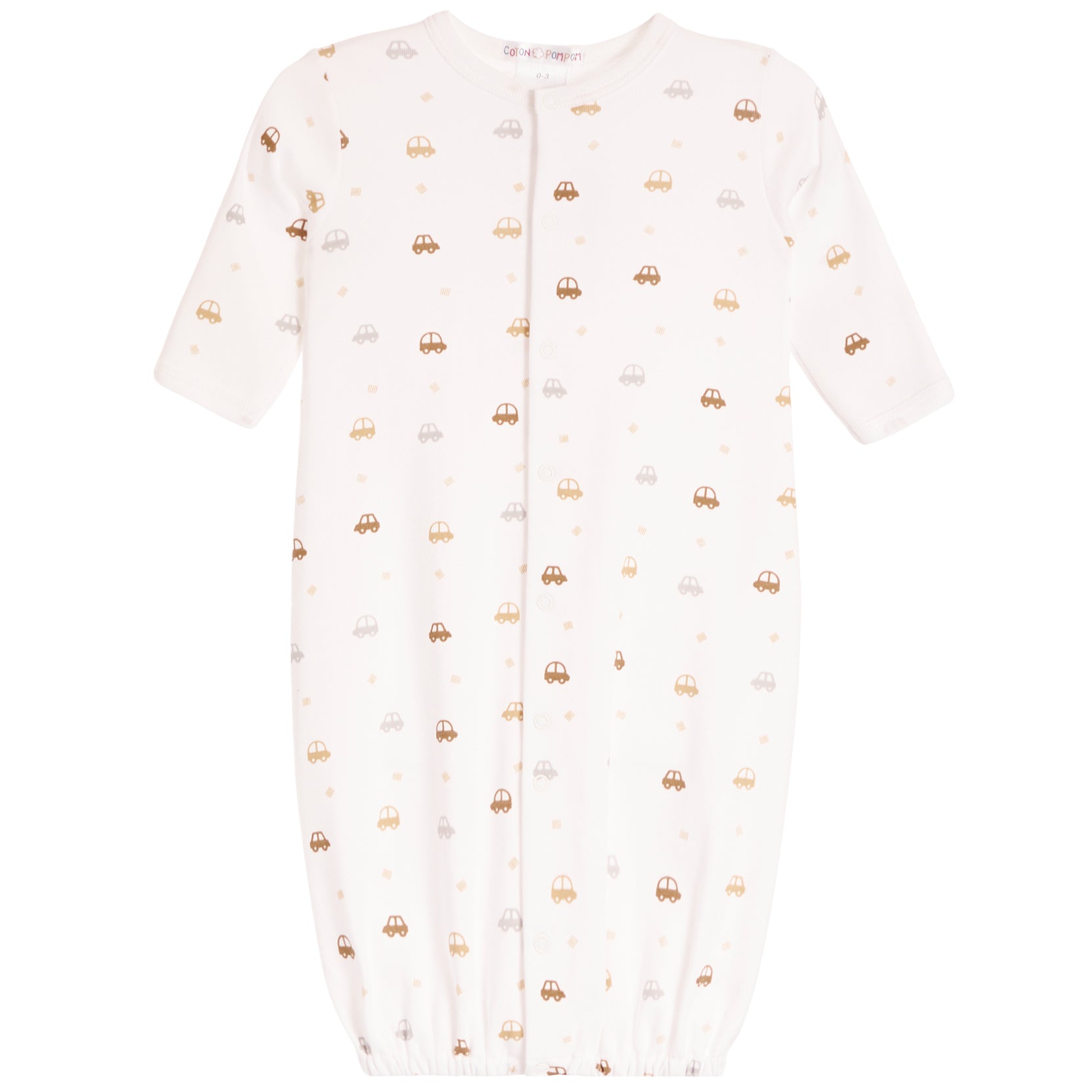A baby sleep sack in off-white with a repeating pattern of small gold and gray cars, shown flat against a white background.