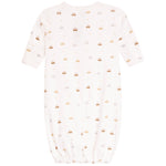 A baby long-sleeve footless sleeper in off-white with a repeating pattern of small gold and gray cars and stars, shown against a plain white background.