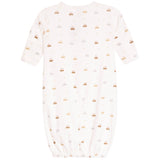 A baby long-sleeve footless sleeper in off-white with a repeating pattern of small gold and gray cars and stars, shown against a plain white background.