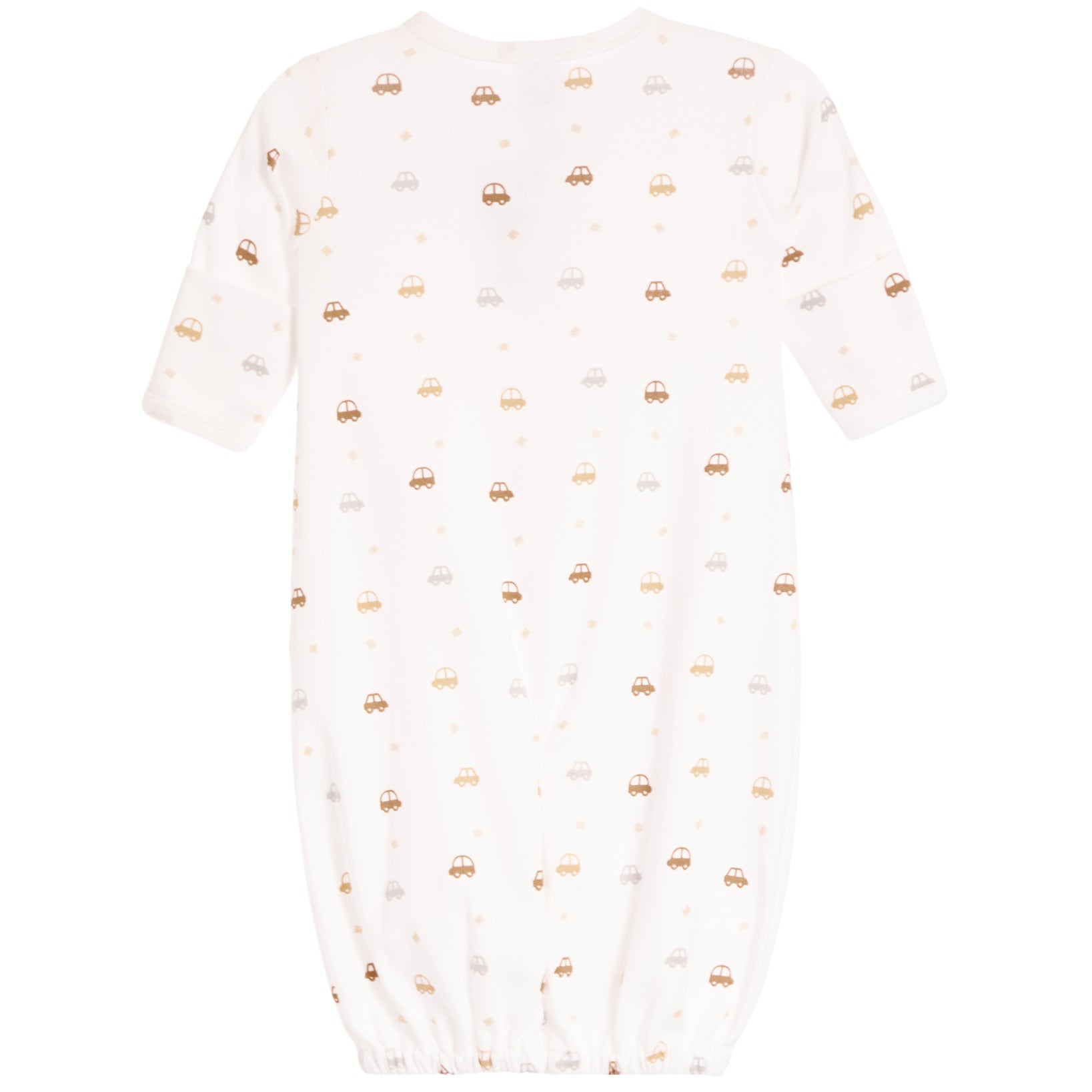A baby long-sleeve footless sleeper in off-white with a repeating pattern of small gold and gray cars and stars, shown against a plain white background.