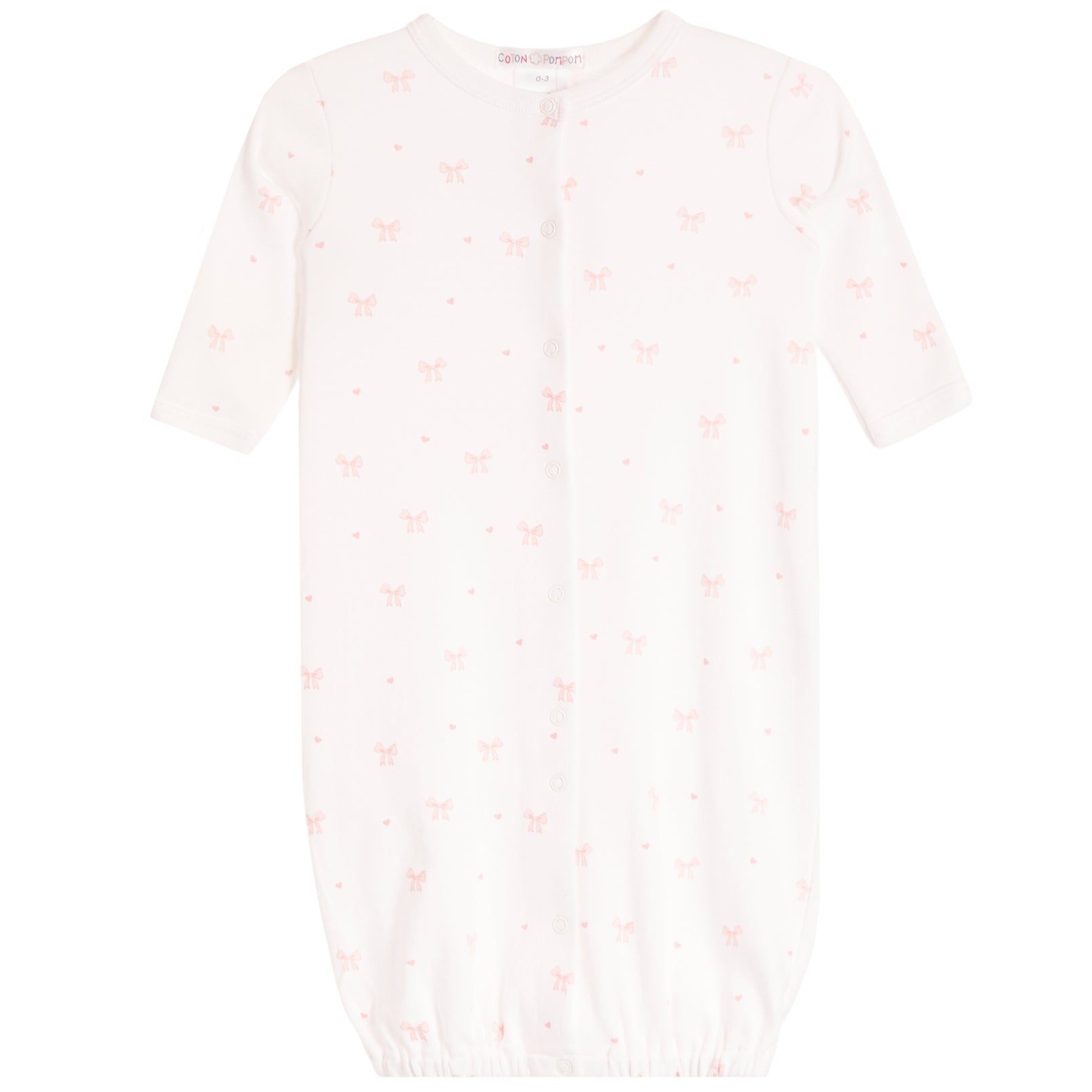 A baby sleep sack in white with a delicate pink bow and heart pattern, featuring short sleeves, a snap-button front, and an elasticated hem.