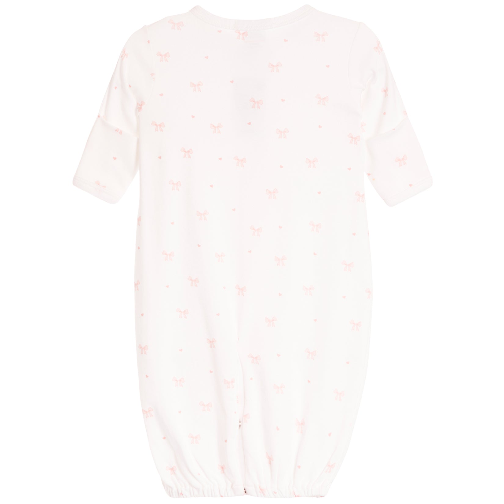 A baby long-sleeve sleep sack in white with a delicate pink bow and heartpattern, shown flat against a white background.
