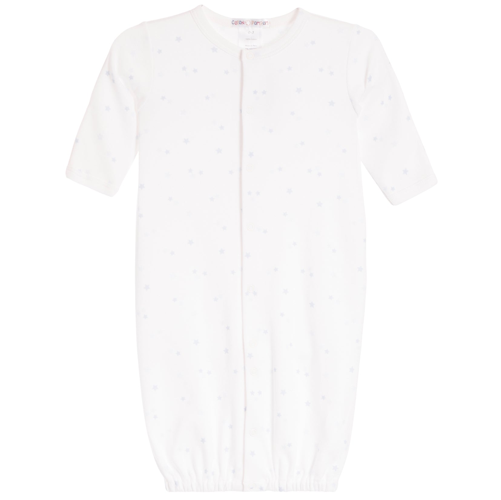 A white short-sleeve baby sleep sack with a subtle all-over light blue star pattern, featuring a front snap closure and elastic cuffs.