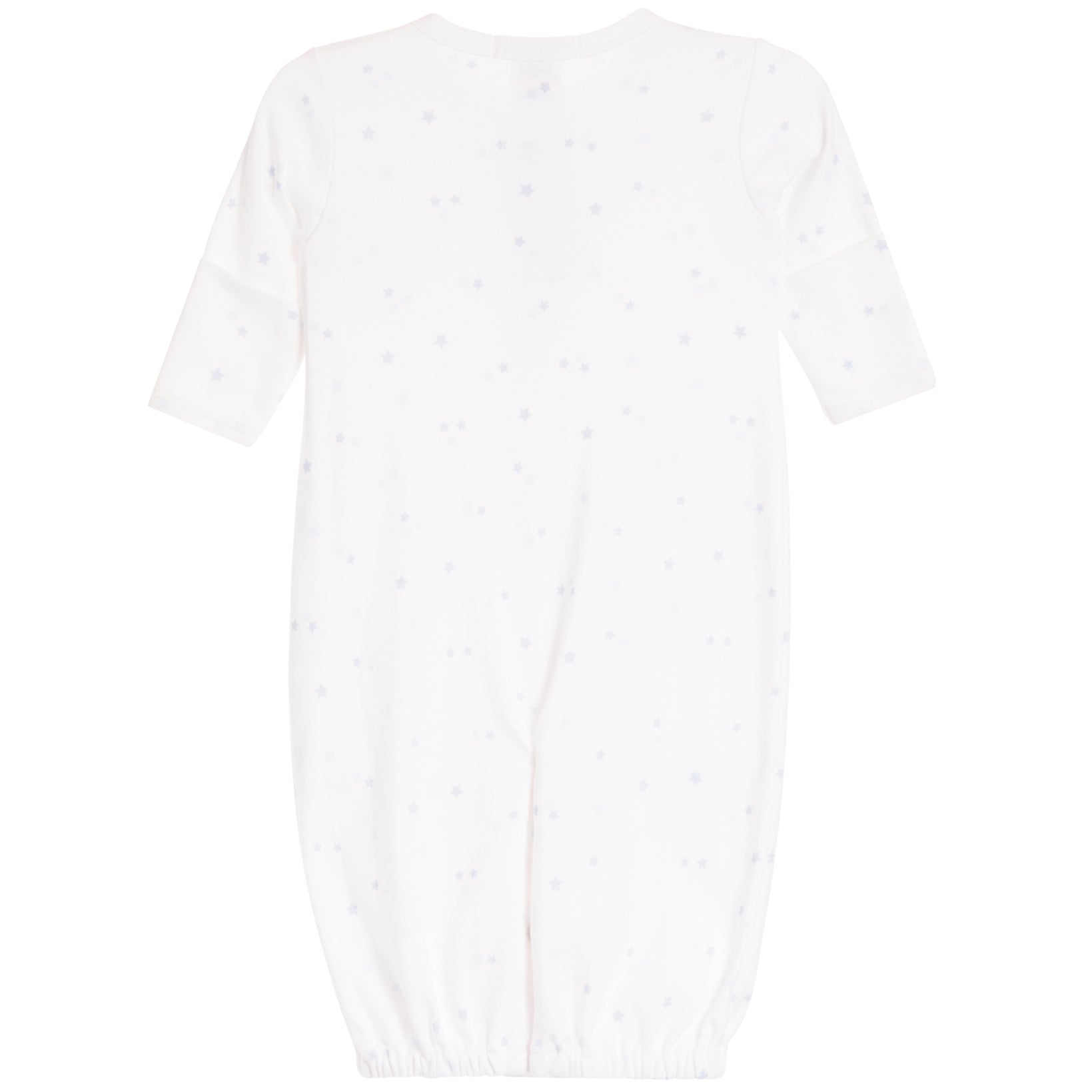 White baby sleep sack with short sleeves and a subtle all-over light blue star pattern, shown from the back on a white background.