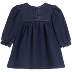 A dark navy blue baby dress with long puff sleeves and elasticized ruffled cuffs, shown from the back on a white background.