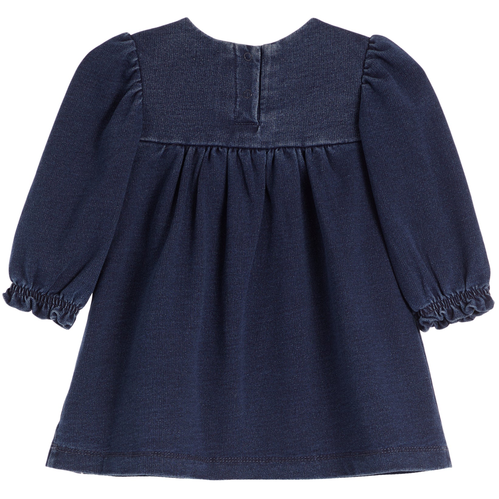 A dark navy blue baby dress with long puff sleeves and elasticized ruffled cuffs, shown from the back on a white background.