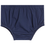 A pair of navy blue cotton bloomers with elastic waistband and leg openings, shown flat against a white background.