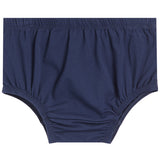 A pair of navy blue cotton bloomers with elastic waistband and leg openings, shown flat against a white background.