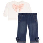 2pc cream top w pink satin bow and jeans with denim bow on ankles
