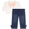 2pc cream top w pink satin bow and jeans with denim bow on ankles