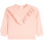 A light pink long-sleeve top for kids, featuring a V-neckline adorned with layered ruffles and a crew neckline, shown against a plain white background.