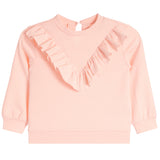A light pink long-sleeve top for kids, featuring a V-neckline adorned with layered ruffles and a crew neckline, shown against a plain white background.