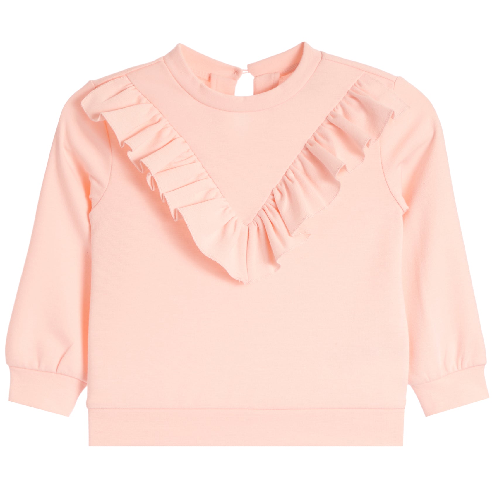 A light pink long-sleeve top for kids, featuring a V-neckline adorned with layered ruffles and a crew neckline, shown against a plain white background.