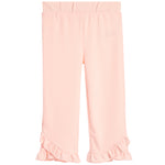 Light pink cropped pants with an elastic waistband and ruffled hems, shown flat on a white background.