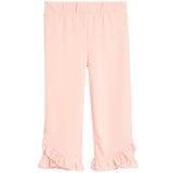 Light pink cropped pants with an elastic waistband and ruffled hems, shown flat on a white background.