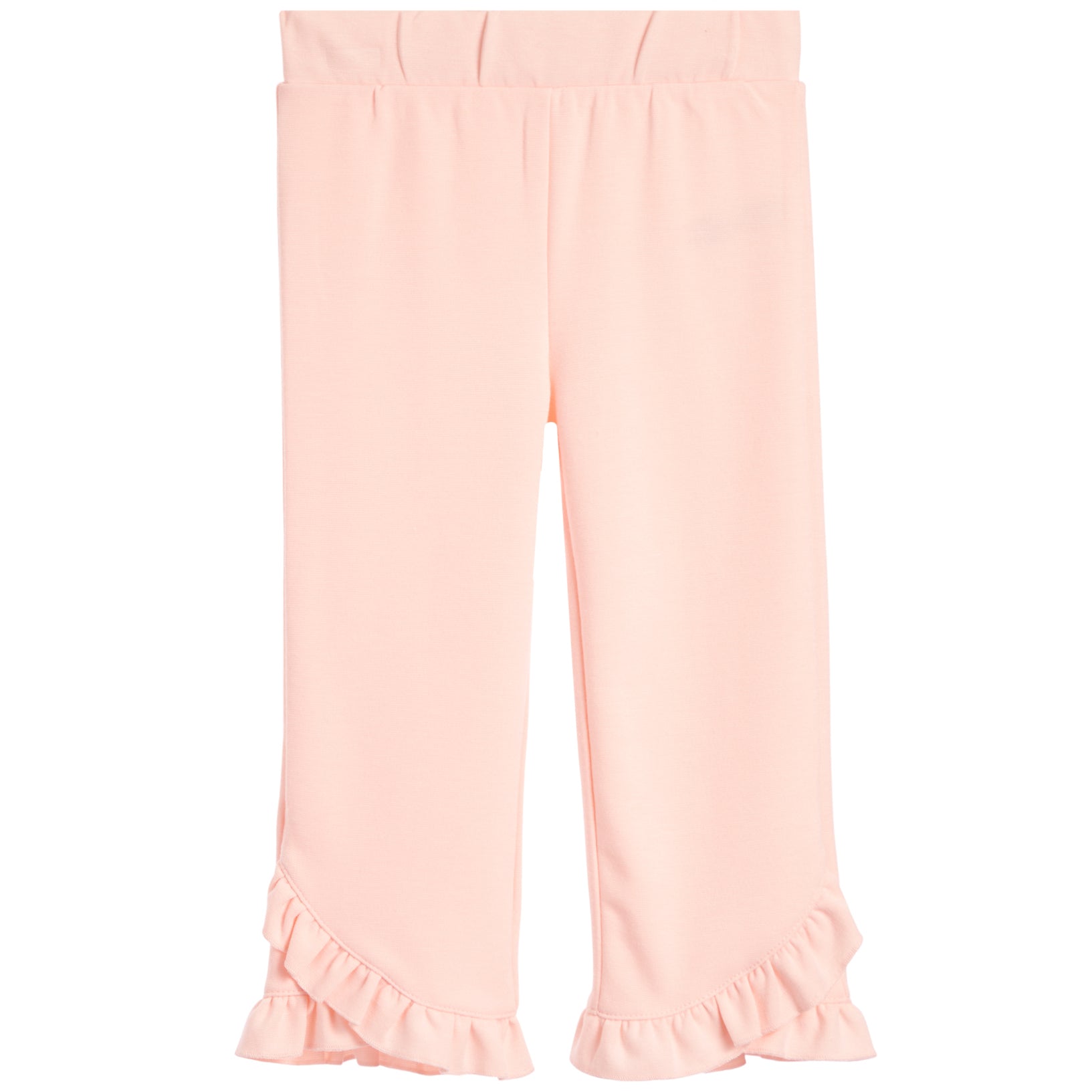 Light pink cropped pants with an elastic waistband and ruffled hems, shown flat on a white background.