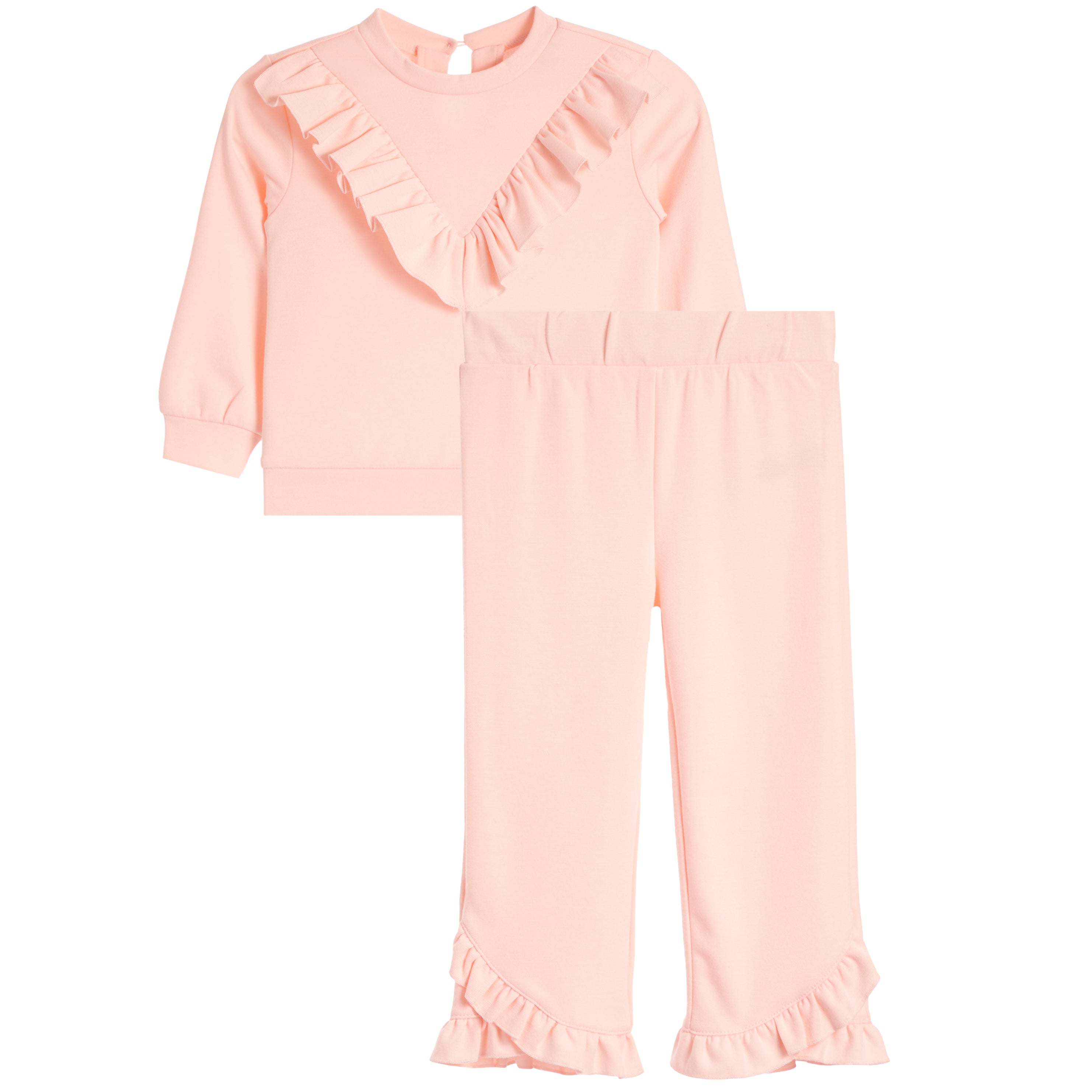 A two-piece girls' outfit in a soft light pink, featuring a long-sleeve top with a ruffled V-neckline and matching wide-leg pants with ruffled hems, displayed on a clean white background.