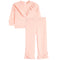 A two-piece girls' outfit in a soft light pink, featuring a long-sleeve top with a ruffled V-neckline and matching wide-leg pants with ruffled hems, displayed on a clean white background.