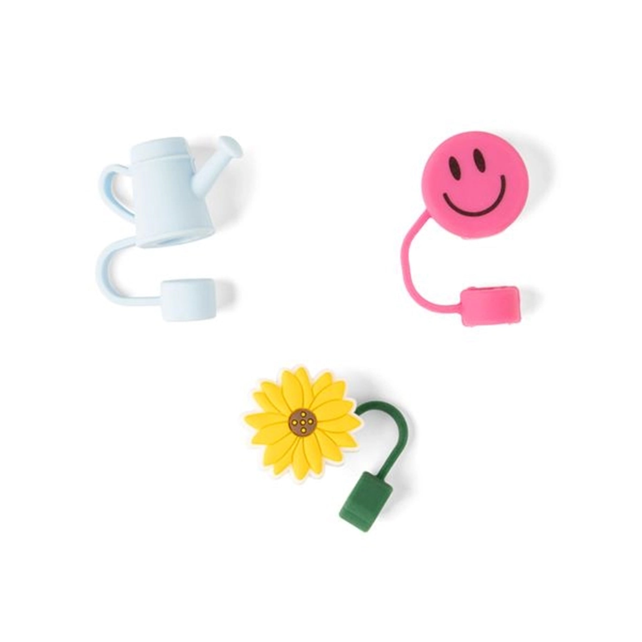 Set of colorful Straw Toppers shaped like a watering can, a smiley face, and a sunflower on a white background.