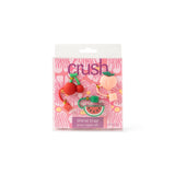 A packaged fruit-themed straw topper set by Crush, featuring three colorful foam-style toppers: red cherries, a peach, and a watermelon slice, in a clear blister pack with a pink patterned backing card.