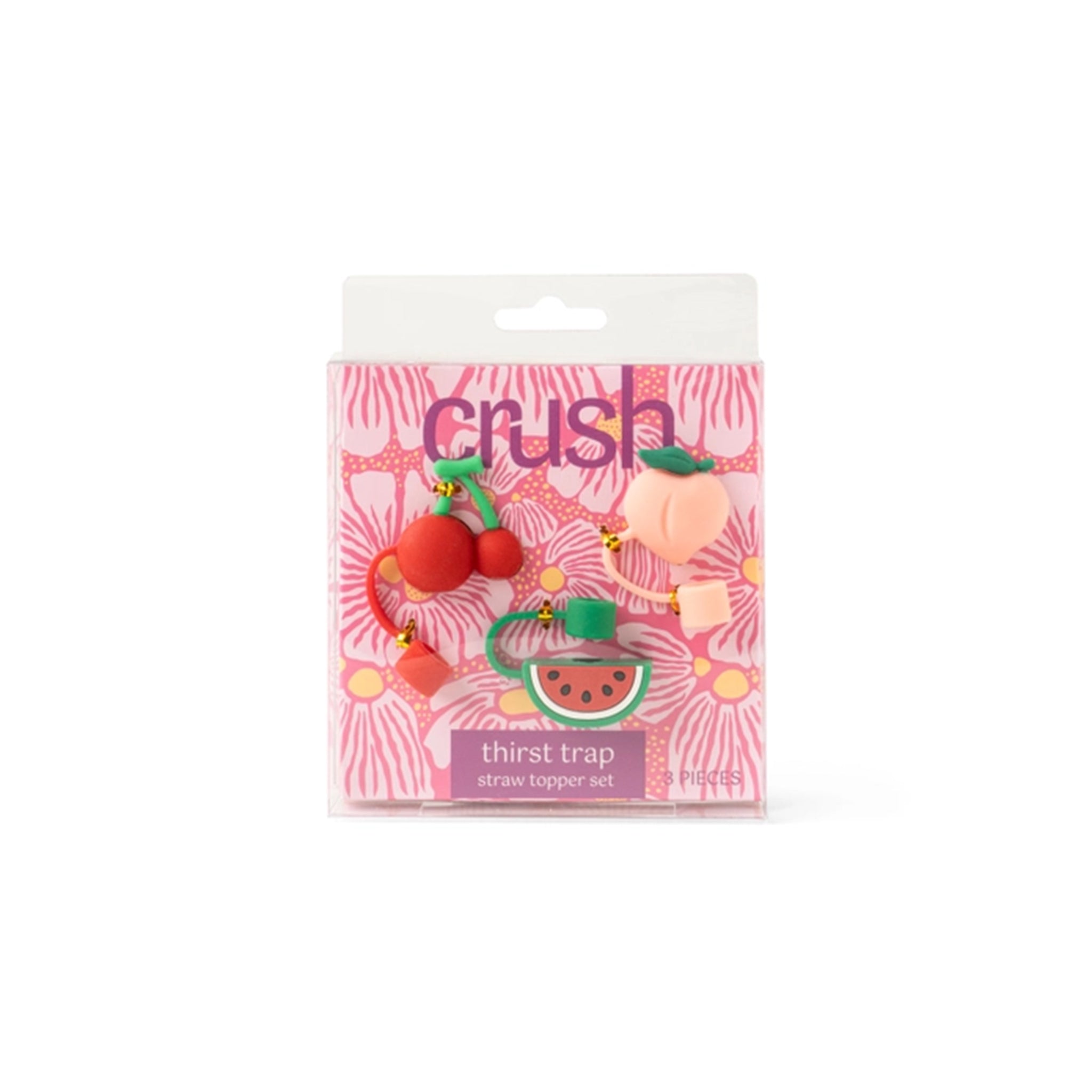 A packaged fruit-themed straw topper set by Crush, featuring three colorful foam-style toppers: red cherries, a peach, and a watermelon slice, in a clear blister pack with a pink patterned backing card.