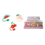 Three novelty silicone Straw Toppers shaped like a watermelon slice, a peach, and cherries are displayed next to their retail packaging on a clean white background. The packaging features the brand name 'crush' 