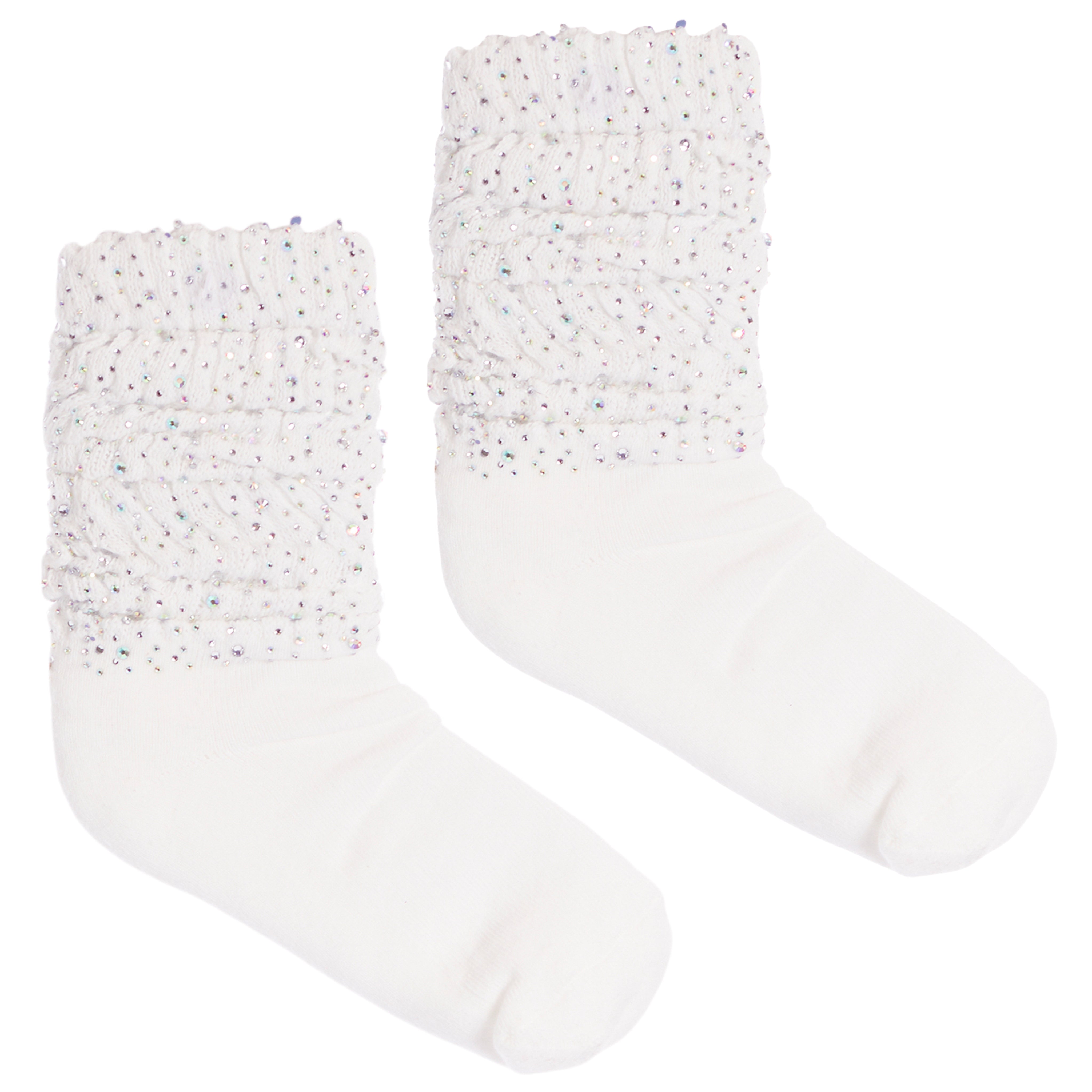 A pair of white crew socks with textured, sparkly ruffled cuffs, displayed against a solid white background.