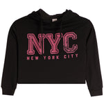 A black cropped hoodie sweatshirt featuring a distressed pink 'NYC' graphic and 'NEW YORK CITY' text on the front, displayed against a solid white background.