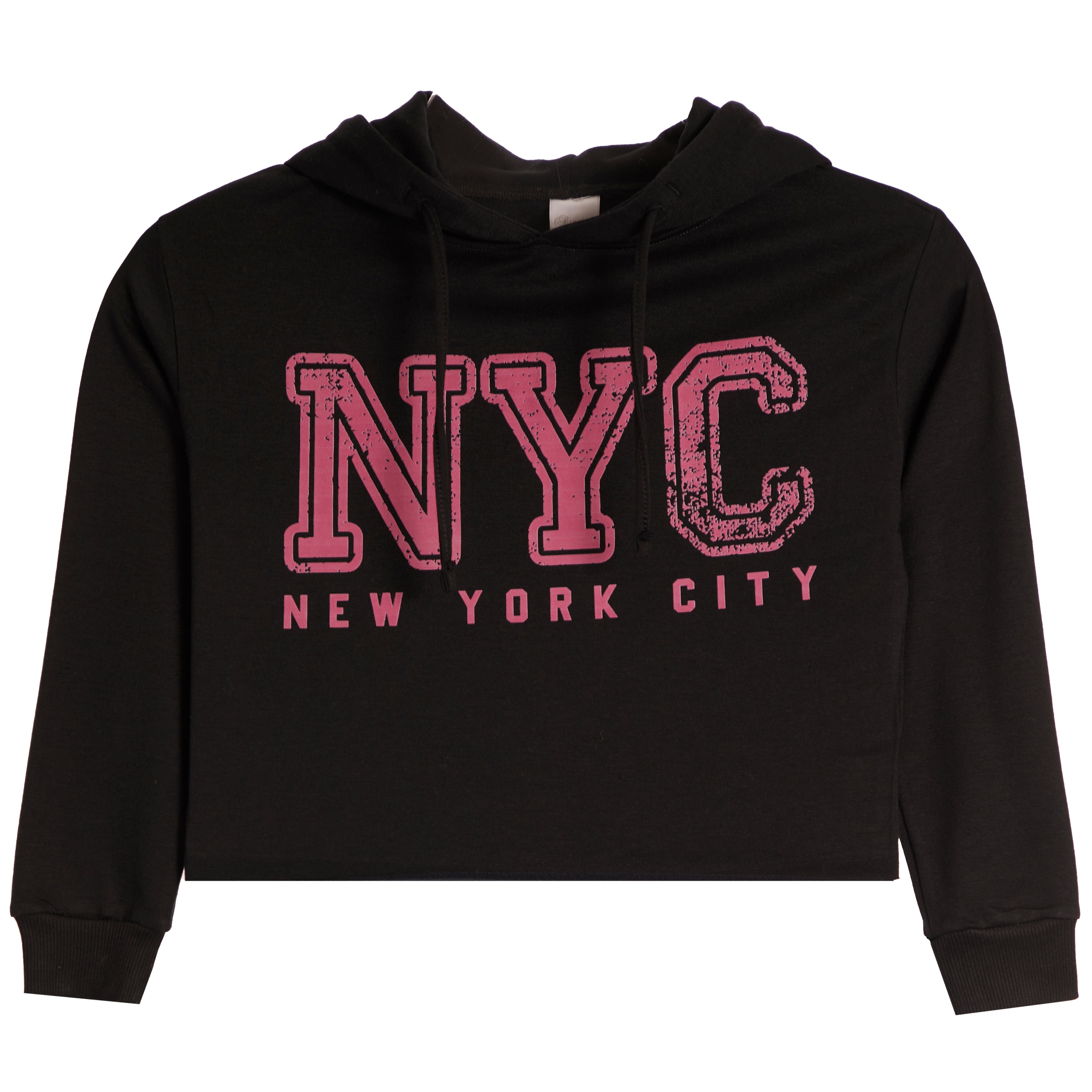 A black cropped hoodie sweatshirt featuring a distressed pink 'NYC' graphic and 'NEW YORK CITY' text on the front, displayed against a solid white background.