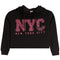 A black cropped hoodie sweatshirt featuring a distressed pink 'NYC' graphic and 'NEW YORK CITY' text on the front, displayed against a solid white background.