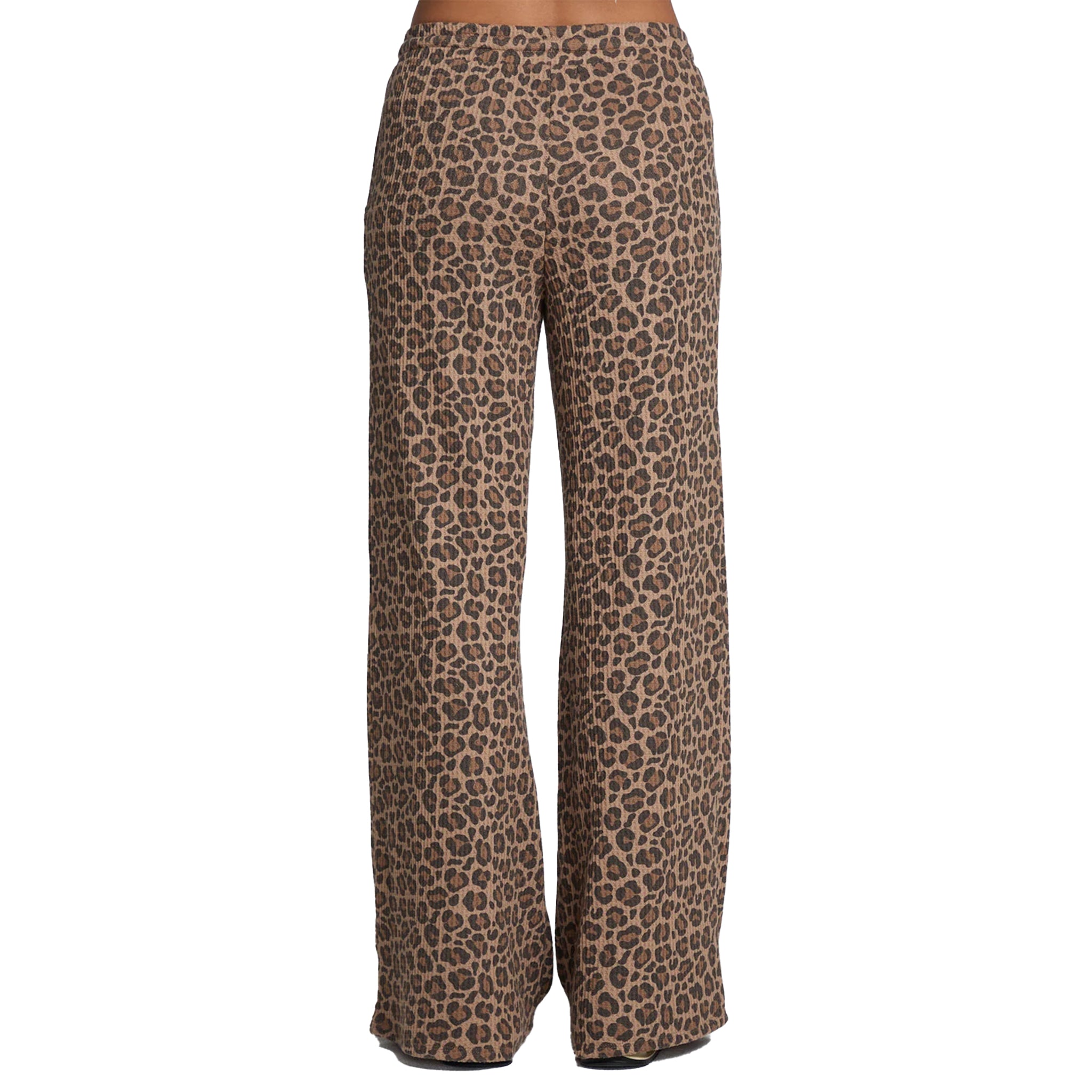 Wide-leg pants featuring a brown and beige leopard print pattern, shown on a model from the waist down against a plain white background.