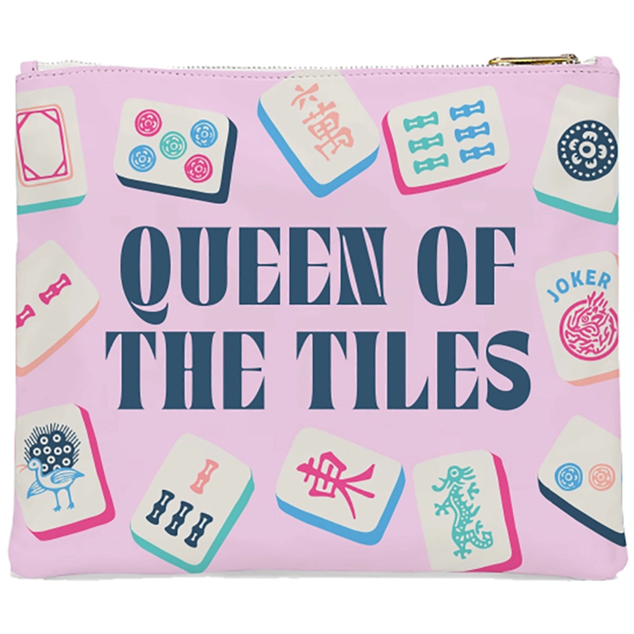 A pink zippered pouch featuring a graphic design of mahjong tiles surrounding the text 'QUEEN OF THE TILES' in dark blue. A gold zipper pull is visible at the top right.