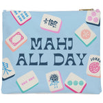 A light blue zippered pouch decorated with illustrated mahjong tiles and the text 'MAHJ ALL DAY' in dark blue lettering, with a gold zipper pull.