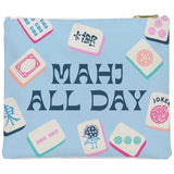 A light blue zippered pouch decorated with illustrated mahjong tiles and the text 'MAHJ ALL DAY' in dark blue lettering, with a gold zipper pull.