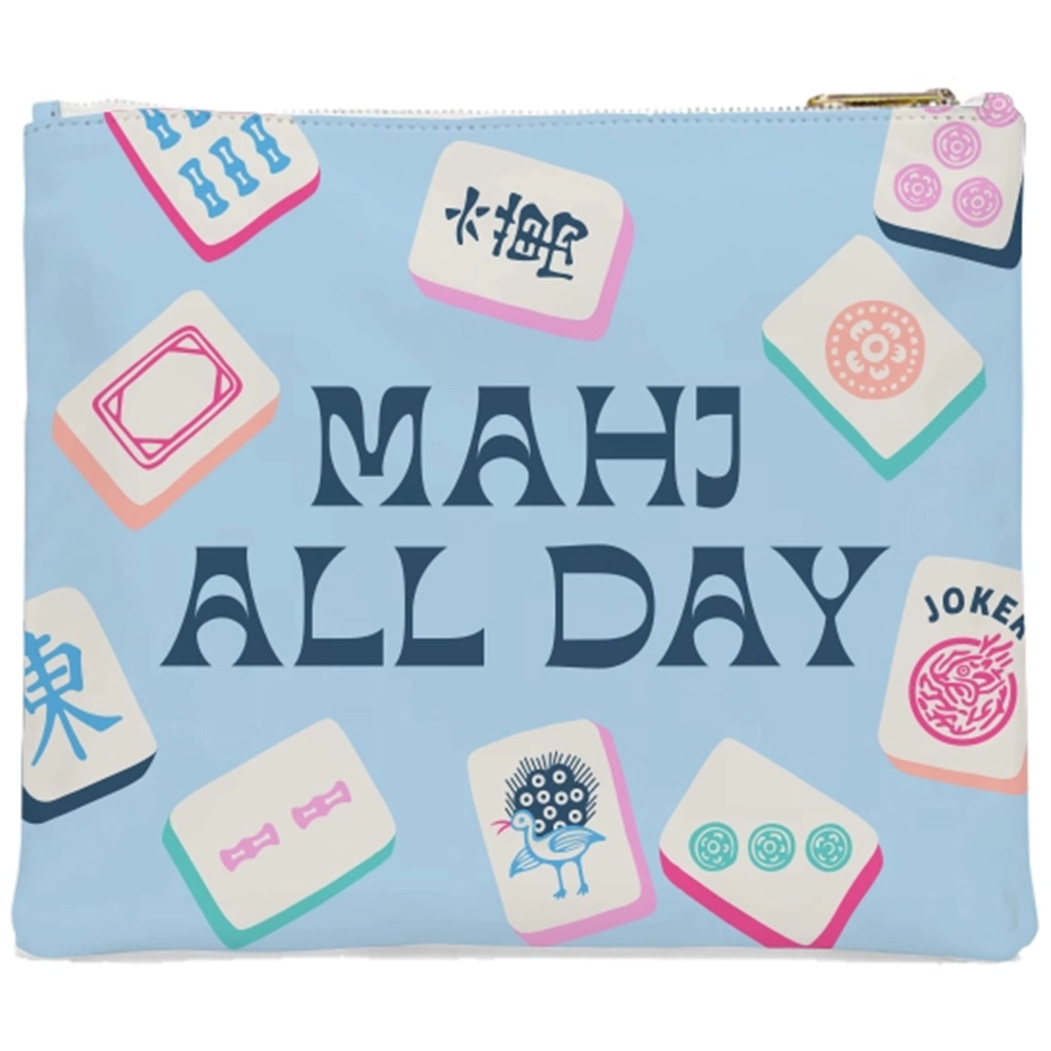 A light blue zippered pouch decorated with illustrated mahjong tiles and the text 'MAHJ ALL DAY' in dark blue lettering, with a gold zipper pull.