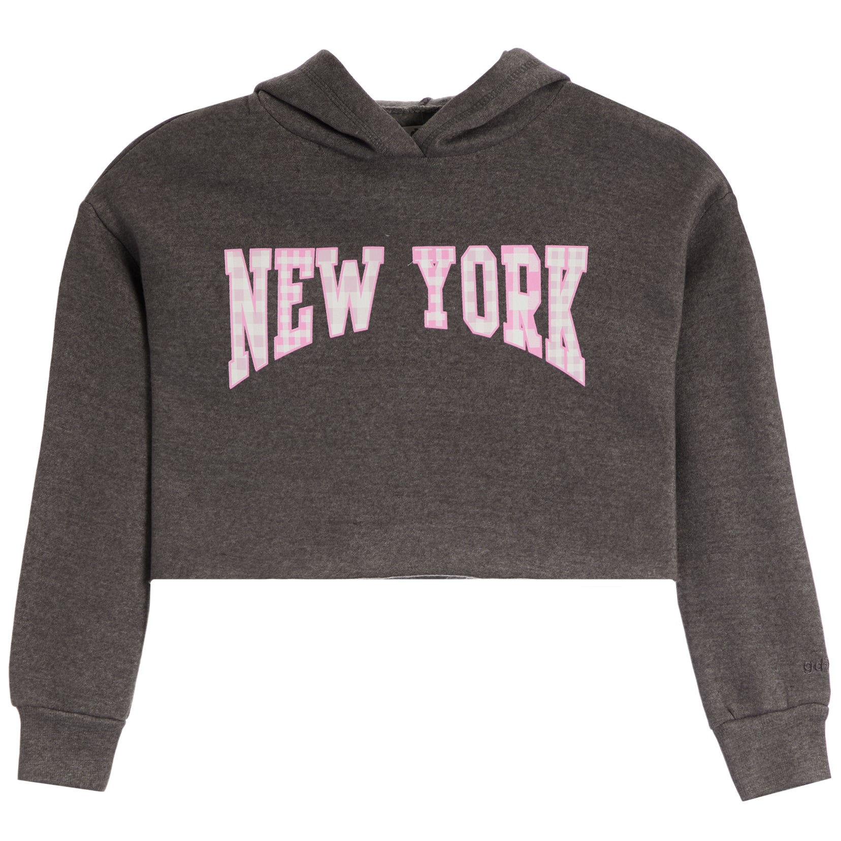 A dark heather gray cropped hoodie sweatshirt featuring the words 'NEW YORK' printed in arched pink varsity-style letters with a white outline across the chest, displayed on a solid white background.