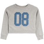 A light heather gray cropped sweatshirt with a large blue '08' graphic printed on the front, displayed flat against a white background.